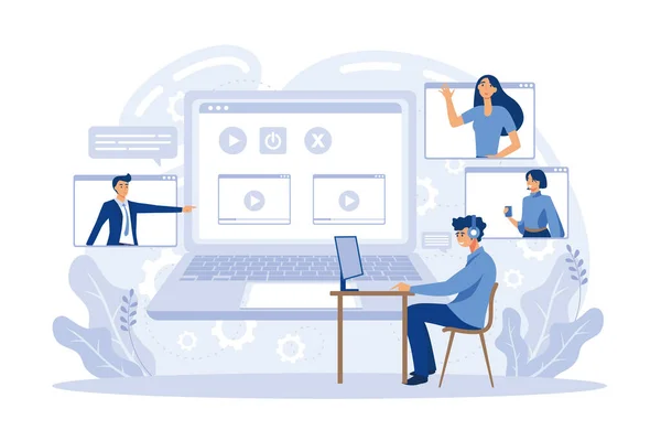 Online business meeting, work from home, software for videoconferencing and online communication. People using computer for collective virtual meeting and group video conference, flat vector modern illustration