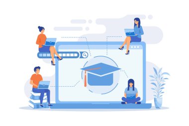 Bilgisayarlı öğrenciler ders çalışıyor ve mezuniyet şapkalı büyük bir laptop. Bedava online kurslar, online sertifika kursları, online işletme okulu konsepti. düz vektör modern illüstrasyon
