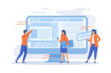 Web sitesi arayüz geliştirme planı. Takımın düz karakterleri çalışıyor. UI, UX, içerik tasarımı. Bilgisayar yazılımı oluşturma ve web geliştirme. düz vektör modern illüstrasyon