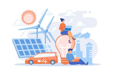 Dev lambaların etrafındaki insanlar güç verilerini analiz ediyorlar. Yenilenebilir enerji, güç tasarrufu, akıllı şebeke enerjisi, sistem modellemesi, tek ve akıllı şehir konsepti, menekşe paleti. düz vektör modern illüstrasyon