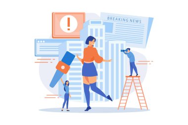 Gazeteciler ünlülerle röportaj yapıyor. Ünlüleri takip eden gazeteciler. Sarı internet basını, paparazzi haberleri, sarı gazetecilik konsepti. düz vektör modern illüstrasyon