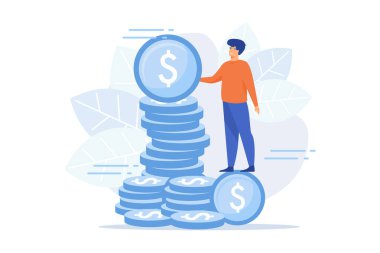 Finansal yönetim. Bütçe değerlendirmesi, finansal okuryazarlık, muhasebe fikri. Nakit parası olan bir finansçı, elinde altın sikke çizgi film karakteri tutan bir ekonomist. düz vektör modern illüstrasyon