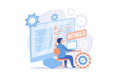 HTML5 programlama. İnternet sitesi geliştirme, web uygulama mühendisliği, senaryo yazma. HTML kod optimizasyonu, programcı hataları düzeltiyor. düz vektör modern illüstrasyon