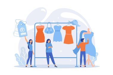 Ana tasarımcı moda tasarımları yapıyor ve onu askılığa asıyor. Moda evi, giyim tasarım evi, moda üretim konsepti. düz vektör modern illüstrasyon