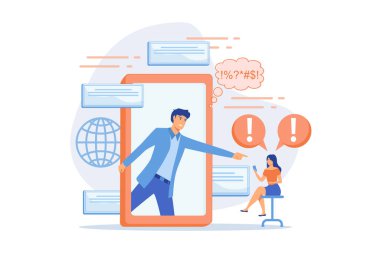 İnternette akıllı telefon tacizinde zorbalık, tehdit ve göz korkutma kurbanı. Siber zorbalık, online sel, sosyal ağ taciz konsepti. düz vektör modern illüstrasyon