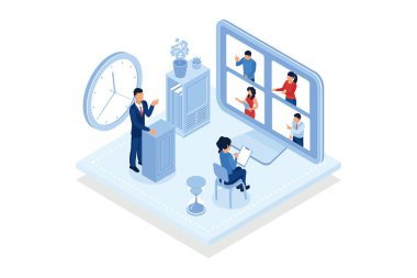 Dijital podyum. Öğrenci sanal sınıfta dijital podyum kullanır, akıllı sınıflar, video konferansı, veri görselleştirmeleri. İzometrik vektör modern illüstrasyon
