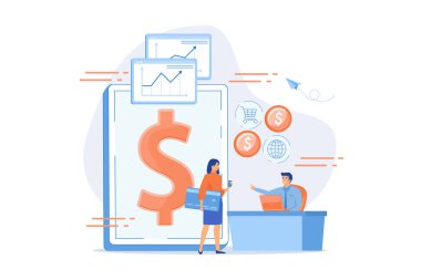 Tablet, banka kartı ve yönetici işlemler için bankacılık yazılımı kullanıyor. Temel bankacılık bilişim sistemi, bankacılık yazılımı, bilişim hizmeti konsepti, düz vektör modern illüstrasyon