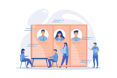 İşe alım ve istihdam hizmeti. İK ajansı ve kelle avcısı şirketi. İş görüşmesi, istihdam süreci, aday konsepti seçimi, düz vektör modern illüstrasyon