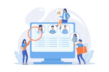 İşe alım ajansı, iş bulma servisi. İK müdürü aday CV 'yi arıyor. Aranan çalışanlar, açık pozisyonlar, takımımıza katılın, konsept alıyoruz, düz vektör modern illüstrasyon.