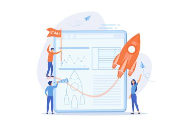 Yeni bir iş projesi başlat. Geliştirme süreci. Yenilik ürünü, yaratıcı fikir. Başlangıcı başlat, girişimi başlat, girişimcilik konsepti, düz vektör modern illüstrasyon