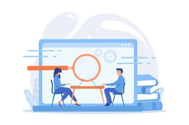 Laptopları olan öğrenciler, eşleşen sınıflardaki arama bilgileridir. Bilgisayar laboratuvarı, akademik laboratuvar, halk kütüphanesi ya da internet kafe. Modern eğitim ve öğrenci rezervi konsepti, düz vektör modern illüstrasyon