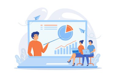 Bilgisayarlı öğrenciler, interaktif kurulun arkasında, okutman etrafında oturuyorlar. Dijital sınıf, ters sınıf, harmanlanmış öğrenme ve akıllı sınıf. Modern eğitim kavramı, düz vektör modern illüstrasyon