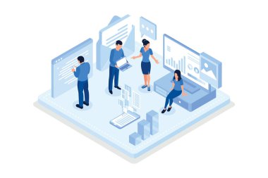 İnsanlar web endüstrisinde birlikte çalışırlar. Web pankartı, bilgi grafikleri, kahraman resimleri, izometrik vektör modern illüstrasyon için kullanılabilir