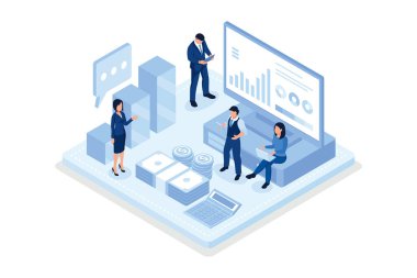 Finansal yönetim kavramı. Web pankartı, bilgi grafikleri, kahraman resimleri, izometrik vektör modern illüstrasyon için kullanılabilir