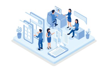 Geliştirme ekibi iş konseptinde. Web pankartı, bilgi grafikleri, kahraman resimleri, izometrik vektör modern illüstrasyon için kullanılabilir