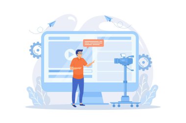 Kameranın önünde bir adam internette paylaşmak için video kaydediyor. Vloger blogda veya video günlüğünde bir bradcast paylaşıyor. Video bloglama, web televizyonu veya gömülü video konsepti, düz vektör modern illüstrasyon