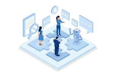 Ekip ve robot arasındaki etkileşim. Web pankartı, bilgi grafikleri, kahraman resimleri, izometrik vektör modern illüstrasyon için kullanılabilir
