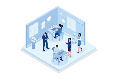 Ofis konsepti tasarımında çalışan insanlar. Web pankartı, bilgi grafikleri, kahraman resimleri, izometrik vektör modern illüstrasyon için kullanılabilir