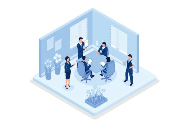 İş Adamları Karakterleri Birlikte Çalışıyor. İş adamı ve iş kadını Açık Uzay Ofisi 'nde çalışıyor, konuşuyor ve görüşüyorlar. İş arkadaşları ve Bağımsızlar Ekibi, izometrik vektör modern illüstrasyon