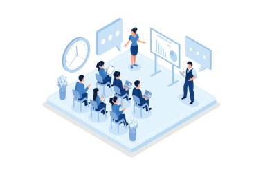 İş eğitimi ya da kurs konsepti. Web pankartı, bilgi grafikleri, kahraman resimleri, izometrik vektör modern illüstrasyon için kullanılabilir