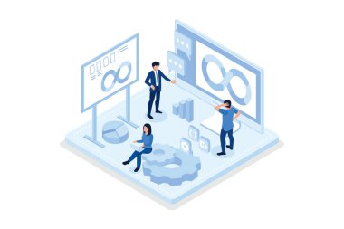 İş konseptinde devops. Web pankartı, bilgi grafikleri, kahraman resimleri, izometrik vektör modern illüstrasyon için kullanılabilir