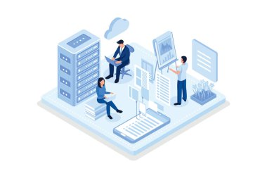 Karakterli veri merkezi kavramı. Web pankartı, bilgi grafikleri, kahraman resimleri, izometrik düz vektör modern illüstrasyon için kullanılabilir