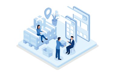 Çevrimiçi Teslimat Hizmeti Web Sancak Şablonu. Tıbbi Maskeli ve Eldivenli Kurye Door ve Holding Paket Kutusunun yanında duruyor. Temassız Karantina Teslimatı Konsepti, izometrik vektör modern illüstrasyon