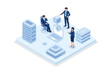 Data Center ve Harici Diske Güvenlik Bağlantısı olan bir dizüstü bilgisayar. Kişisel Veri Koruma için Siber Güvenlik Servisi. Çevrimiçi Ev Sahipliği Teknolojisi Konsepti, izometrik vektör modern illüstrasyon