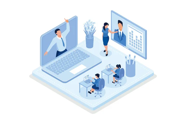 stock vector Students learning online at home. People characters having video call with teacher on laptop. Online education concept, isometric vector modern illustration