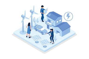 Akıllı şebeke teknolojisini rüzgar jeneratörleri, güneş panelleri ve elektrikli arabalarla akıllı evini kontrol etmek için kullanan karakter. Yenilenebilir ve eko enerji, izometrik vektör modern illüstrasyon
