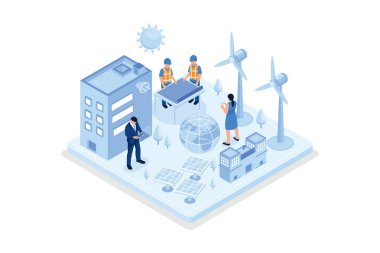 Yel değirmenleri ve güneş enerjisi panelleri olan sürdürülebilir ESG endüstrisi. Çevresel, Sosyal ve Kurumsal Yönetim kavramı, izometrik vektör modern illüstrasyon