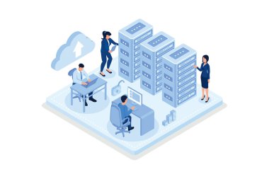 Kontrol panelinin yanında kalan ve Cloud web sunucusundaki dosya ve verileri yöneten karakter. Siber güvenlik teknolojisi kavramına sahip web sunucu servisi, izometrik vektör modern illüstrasyon