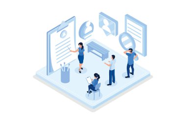 İnsan kaynakları müdürü potansiyel iş adayını sunuyor. İşe alım süreci. İnsan kaynakları yönetimi ve işe alım kavramı, izometrik vektör modern illüstrasyon