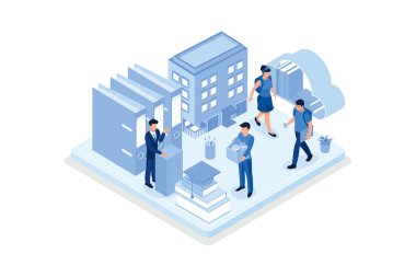 Öğrenciler üniversite ya da üniversite kampüsünde çevrimiçi öğrenim görürler. Kızlar ve oğlanlar akıllı telefon ve kitaplarla birlikte öğreniyorlar. Uzaklık eğitimi teknolojisi konsepti, izometrik vektör modern illüstrasyon