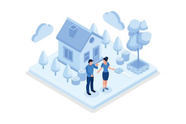 Aile ipotek ve banka kredisiyle ev satın alıyor. İnsanlar gayrimenkullere para yatırıyor. Ev kredisi, kira ve ipotek kavramı, izometrik vektör modern illüstrasyon
