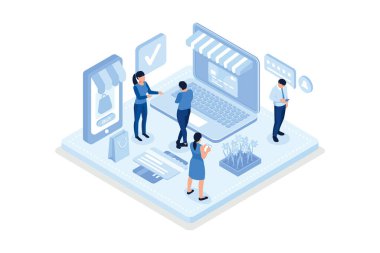 Karakterli mobil ödeme konsepti. Web pankartı, bilgi grafikleri, kahraman resimleri, izometrik vektör modern illüstrasyon için kullanılabilir