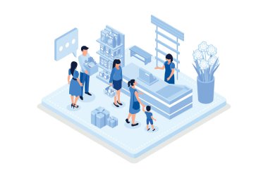 İnsanlar süpermarkette sırada bekliyor. Web pankartı, bilgi grafikleri, kahraman resimleri, izometrik vektör modern illüstrasyon için kullanılabilir