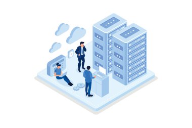 Karakterli veri merkezi kavramı. Web pankartı, bilgi grafikleri, kahraman resimleri, izometrik vektör modern illüstrasyon için kullanılabilir