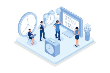 Zaman yönetimi konsepti. Web pankartı, bilgi grafikleri, kahraman resimleri, izometrik vektör modern illüstrasyon için kullanılabilir