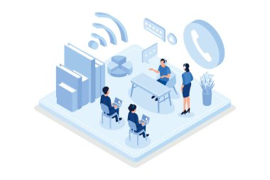 Müşteri destek konsepti. Web pankartı, bilgi grafikleri, kahraman resimleri, izometrik vektör modern illüstrasyon için kullanılabilir