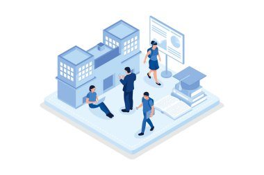 Üniversite kampüsündeki öğrencilerin metin yerleri. Web pankartı, bilgi grafikleri, kahraman resimleri, izometrik vektör modern illüstrasyon için kullanılabilir