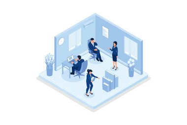 Ofis konsepti tasarımındaki yalakalar. Web pankartı, bilgi grafikleri, kahraman resimleri, izometrik vektör modern illüstrasyon için kullanılabilir