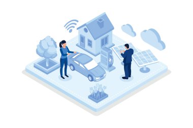 Güneş paneli ve elektrikli arabası olan akıllı bir ev. Web pankartı, bilgi grafikleri, kahraman resimleri, izometrik vektör modern illüstrasyon için kullanılabilir