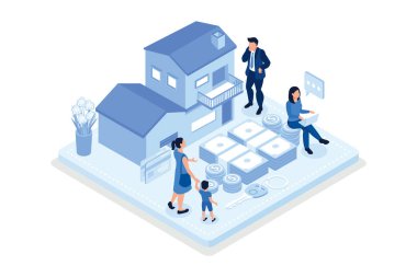 İpotek Onayı Belgeleri Ekranda olan Yeni Ev Karakteri Satın Alınıyor. İnsanlar emlak sektörüne para yatırıyor. Ev Kredisi, Kira ve İpotek Konsepti, izometrik vektör modern illüstrasyon