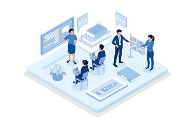 Karakterli dil okulu konsepti afişi. Web pankartı, bilgi grafikleri, kahraman resimleri, izometrik vektör modern illüstrasyon için kullanılabilir