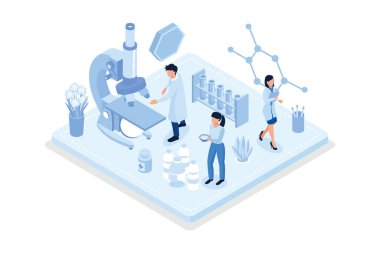 Tıbbi araştırma konsepti. Web pankartı, bilgi grafikleri, kahraman resimleri, izometrik vektör modern illüstrasyon için kullanılabilir