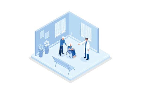 Idős Egészségügyi Ellátás Idősek Idősek Otthonában Kórházi Találkozó Orvos Izometrikus — Stock Vector