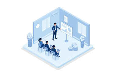İş adamları, ofiste çalışan karakterler, izometrik vektör modern illüstrasyon