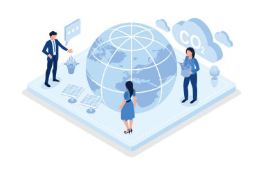 Çevre koruma, CO2 emisyonunu azaltmaya çalışan karakterler, izometrik vektör modern illüstrasyon