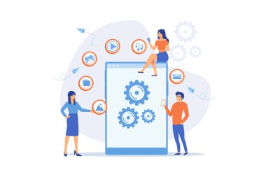 SEO, web sitesi, yazılım geliştirme. Uygulama optimizasyonu, programlama. Web tasarımcıları, programcılar çizgi film karakterleri. Mobil içerik kavramı, düz vektör modern illüstrasyon